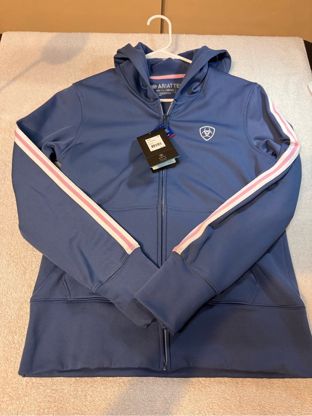 Women’s Ariat Tek Cold Series Indigo Zip Hoodie with Pink & White Sleeve Stripes